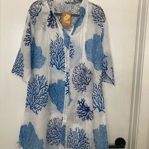 Sealife Blue and White Sheer Button Down Shirt/ Cover up